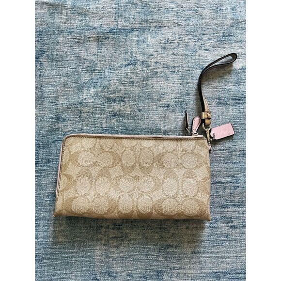 Coach Khaki / Saddle F53563 Signature Double Zip Wristlet - Picture 2 of 8